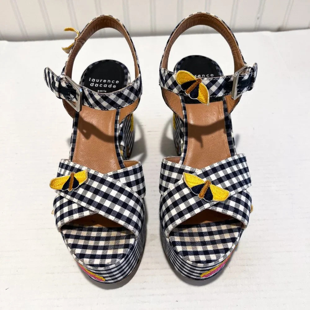 Laurence Dacade Helissa Navy Gingham Floral Embroidered Preppy Wedge Heels 39 - Picture 3 of 10